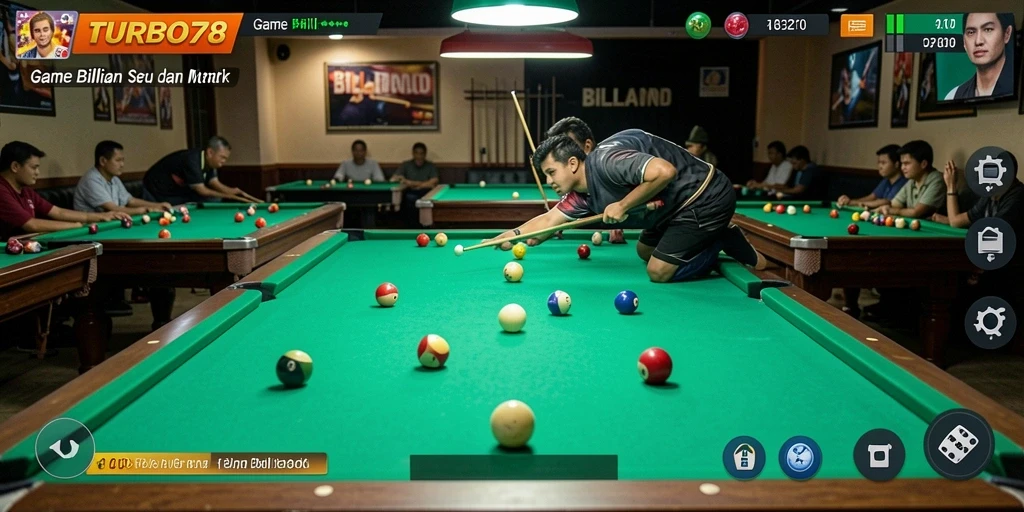 Tampilan antarmuka TURBO78 menunjukkan meja billiard dengan grafis menawan.